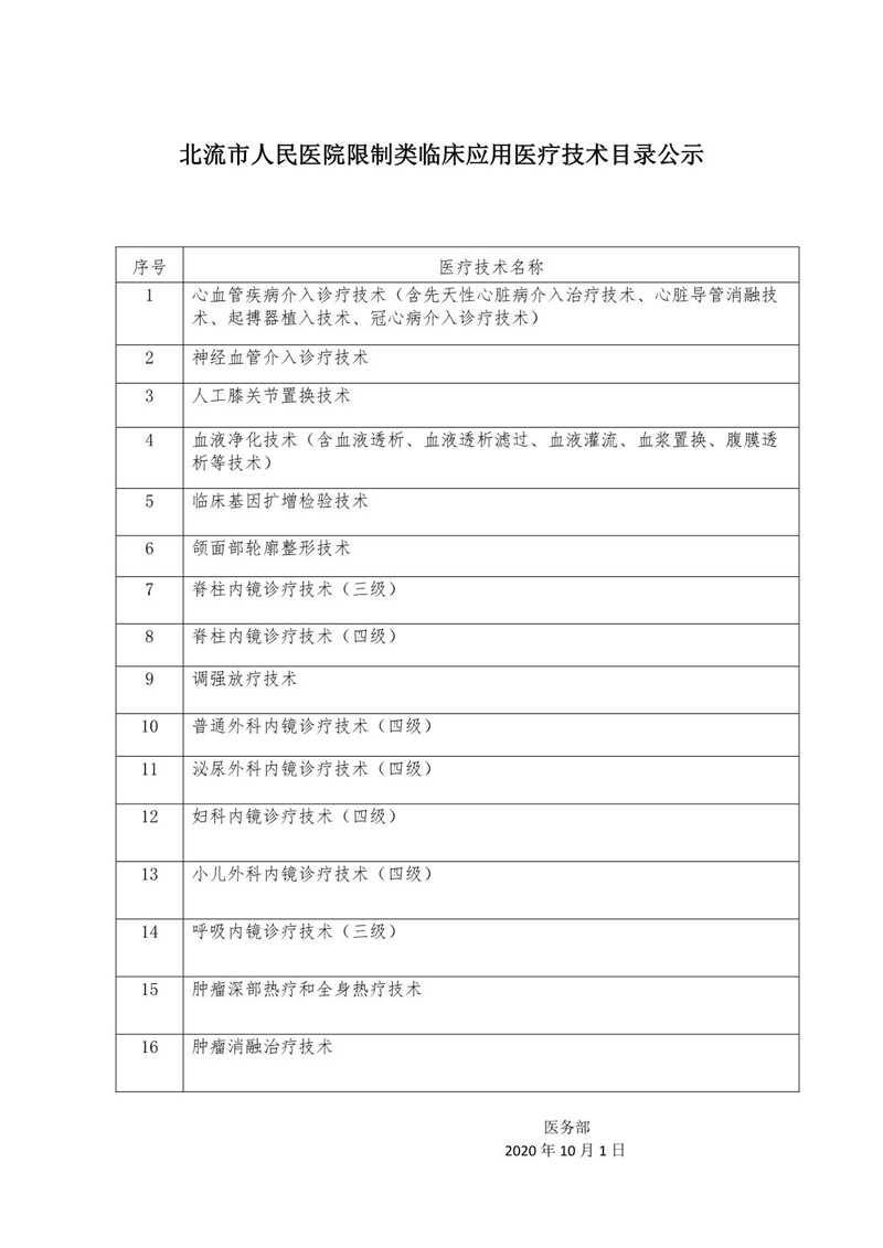 北流市人民医院限制类临床应用医疗技术目录公示
